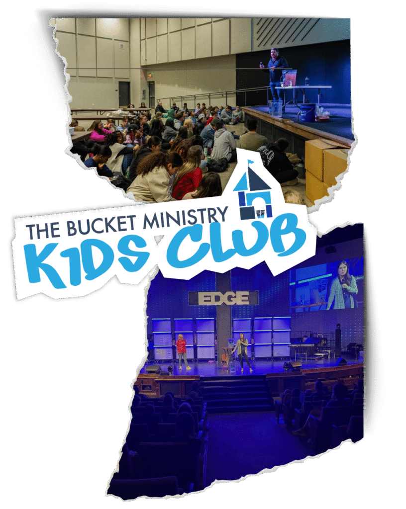 The Bucket Ministry Kids Club presentation with children gathered for a clean water demonstration