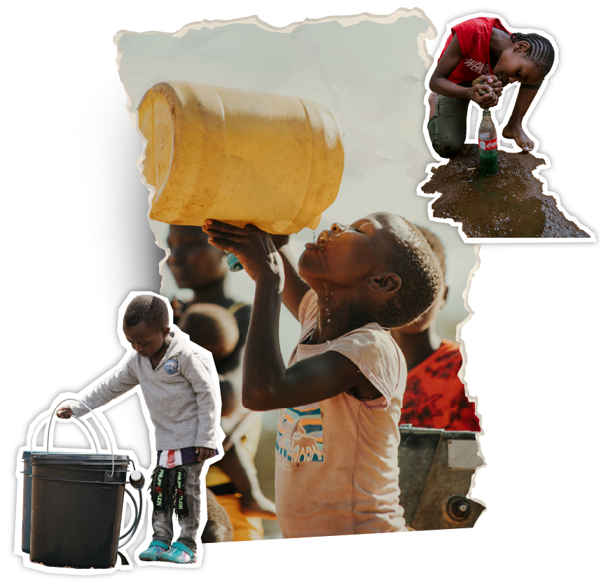 Children drinking and collecting water, illustrating the impact of one-time donations for clean water.