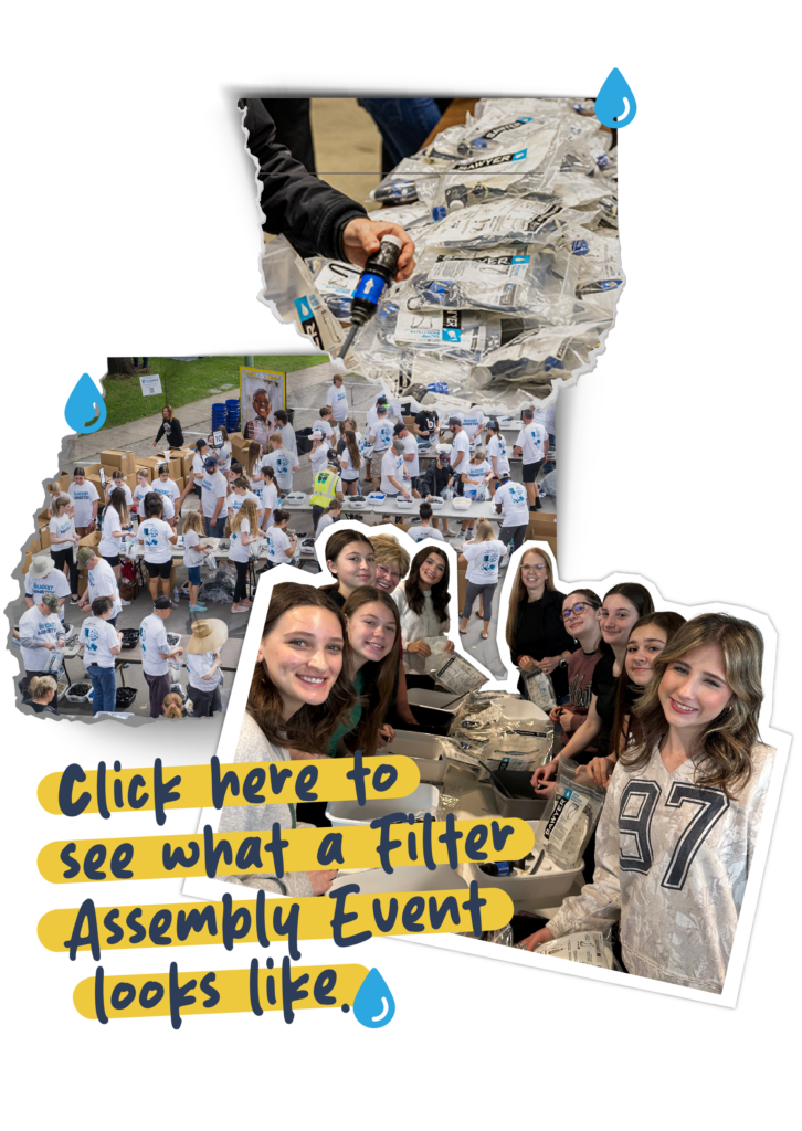 Volunteers assembling water filters and packaging kits during a community filter assembly event.