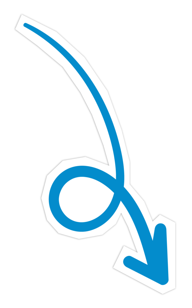Blue curved directional arrow graphic.
